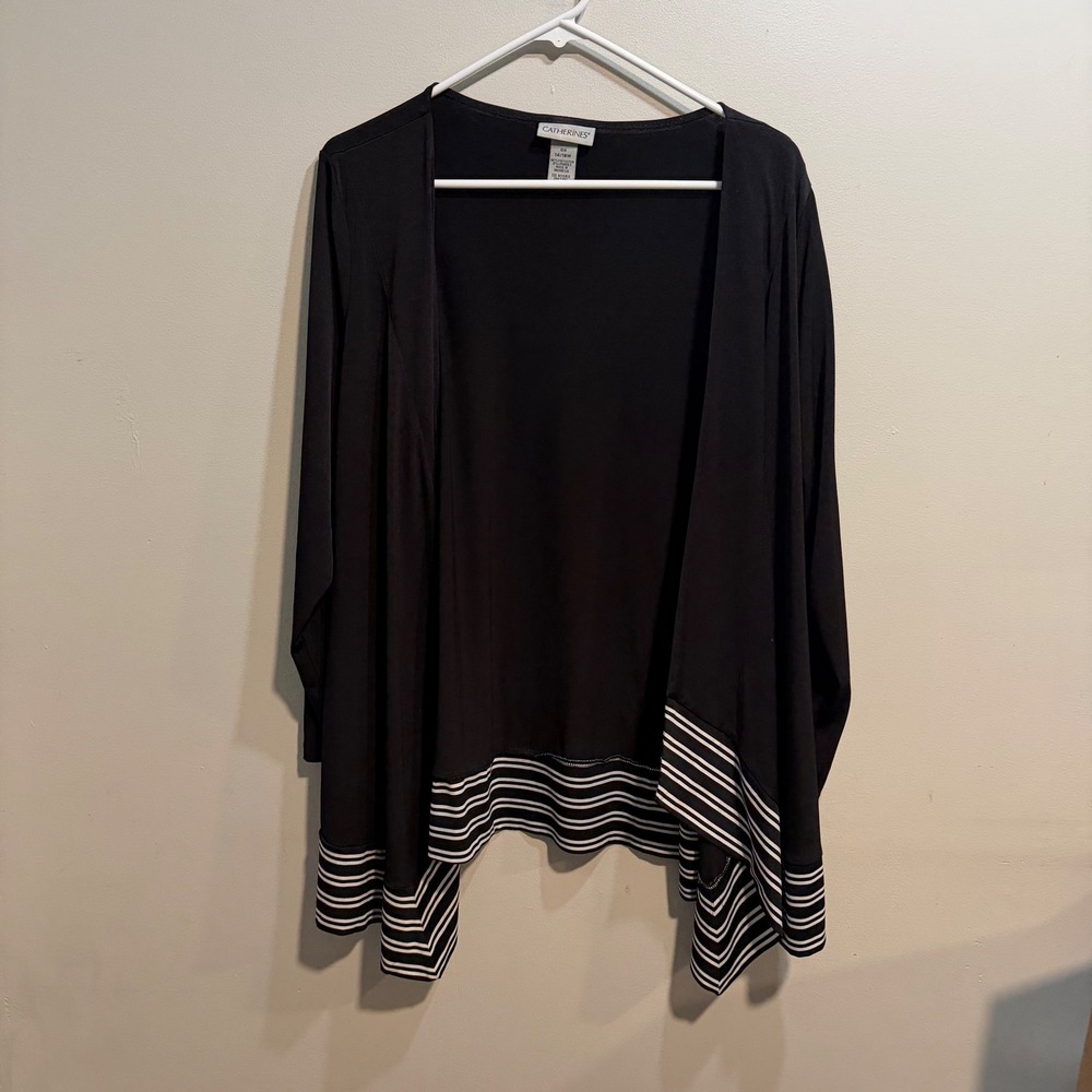 Catherines Womens 0X 14/16W Black Striped Hem‎ Open Front Cardigan Lightweight